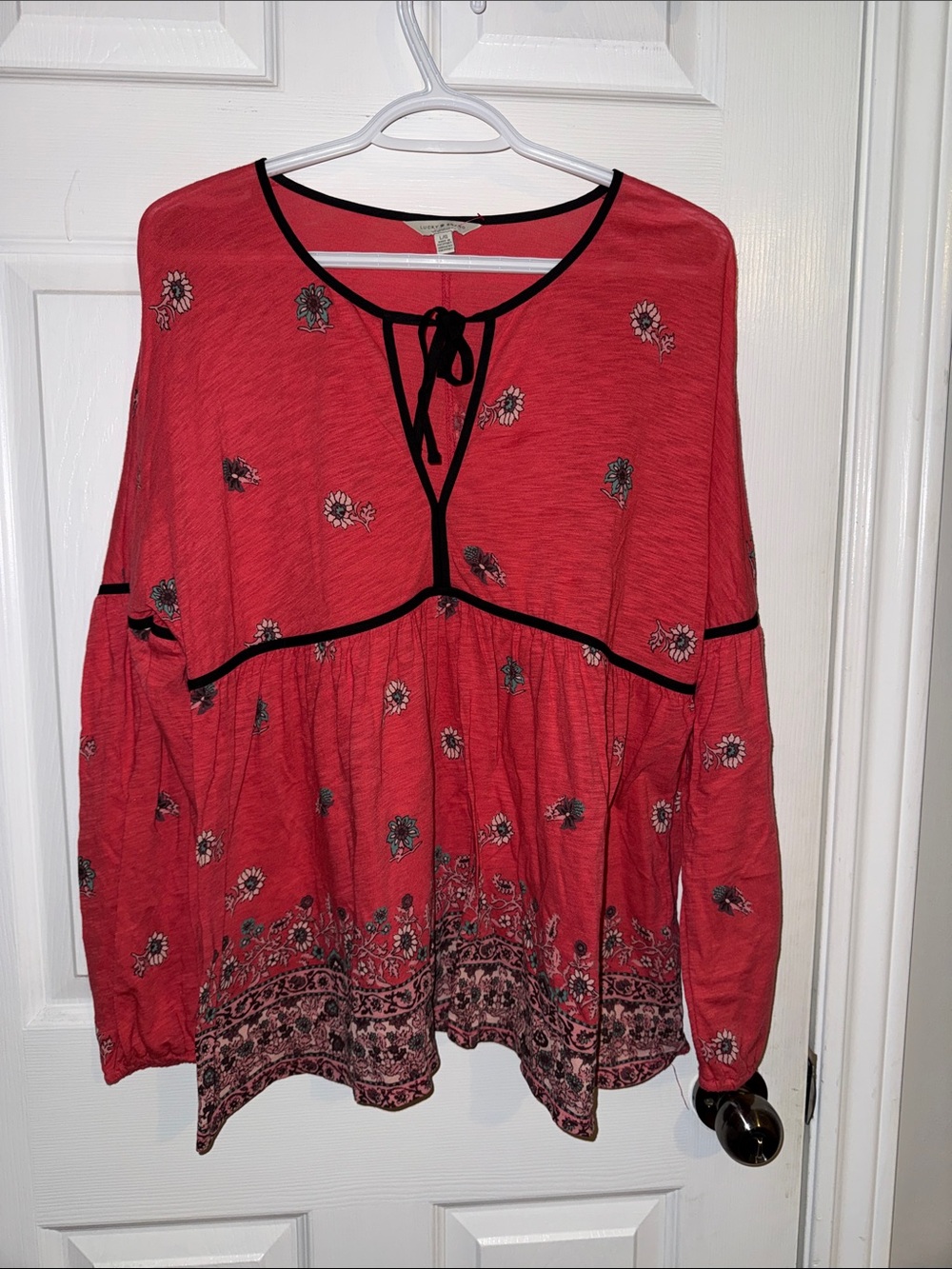 Lucky Brand Red Floral Tie-Front Boho Tunic with Black Trim